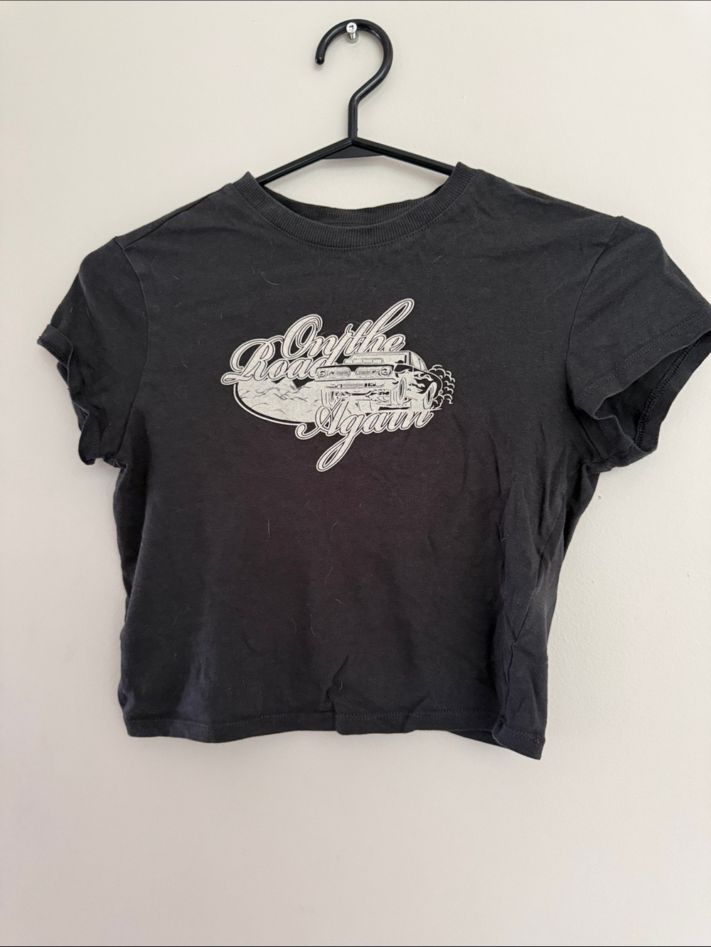 H&M Black Crop Graphic Tee with White Vintage Script
